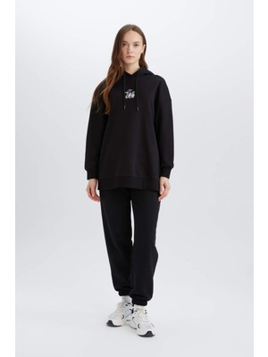 DeFacto Relax Fit Kapüşonlu İçi Yumuşak Tüylü Nakışlı Kalın Sweatshirt Tunik E1203AX24WN