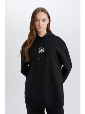 DeFacto Relax Fit Kapüşonlu İçi Yumuşak Tüylü Nakışlı Kalın Sweatshirt Tunik E1203AX24WN