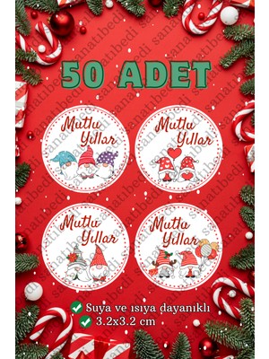 Sanatıbedi 50 Adet Yılbaşı Cüceler Mutlu Yıllar Temalı Sticker -Yeni Yıl Hediye Paketleme Etiketi 3x3 cm