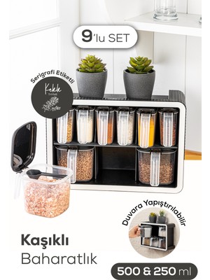 Vienev Beyaz Serigrafi Etiketli 9lu Standlı Kendinden Yapışkanlı Kaşıklı Baharatlık Seti Siyah