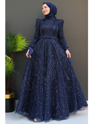 Giza Store Selver Tesettür Abiye Mavi Tül Kumaş Özelliği ile Şık Tasarım Kadın Elbise