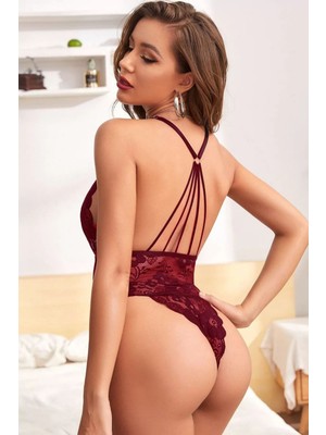 Adisia Kadın Bordo Dantel ve Ip Detaylı Şık Babydoll