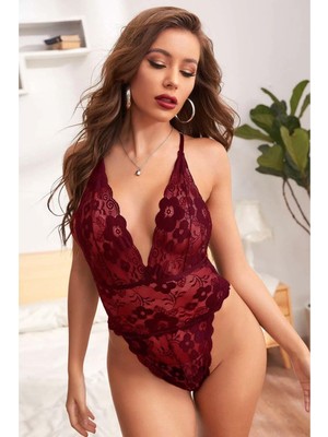 Adisia Kadın Bordo Dantel ve Ip Detaylı Şık Babydoll