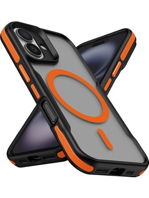 Alan Tech iPhone 16 Plus Uyumlu Magsafe Şarj Özellikli Renkli Kenar Airbag Şeritli Lamer Kapak-Turuncu