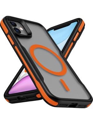 Alan Tech iPhone 12 Uyumlu Magsafe Şarj Özellikli Renkli Kenar Airbag Şeritli Lamer Kapak-Turuncu