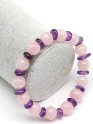 Alibaba Doğaltaş Pembe Kuvars-Ametist Doğal Taş Tasarım Bileklik 10 mm Küre Kesim