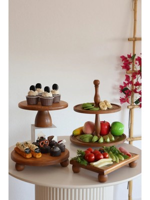 Justwood 2 Katlı Kek Standı + Pastalık 25 cm + Risus 25 cm + Risus Küçük Boy Ahşap 17 x 25 cm