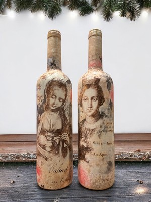 Meryem Ana ve Isa Figürlü El Yapımı Dekoratif Şarap Şişeleri, Ev Dekoru, Ev Aksesuarları, Noel ve Yeni Yıl Hediyeleri