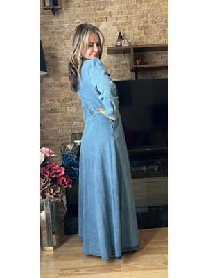 Süs Fermuar Detaylı Denim Kot Elbise Tesettür Jean Elbise 142 cm