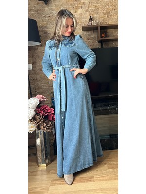 Süs Fermuar Detaylı Denim Kot Elbise Tesettür Jean Elbise 142 cm