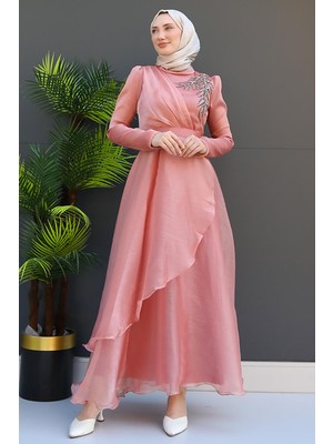 Giza Store Taşlı Organze Abiye Fuşya