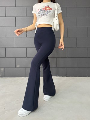 Kadın Lacivert Ispanyol Paça Krep Yüksek Bel Likralı Toparlayıcı Tayt Pantolon