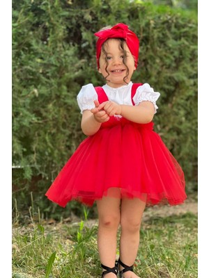 Kısa Kollu Kız Çocuk Parti Elbisesi Doğum Günü Kıyafeti 3 Lü Konbin Saç Bandı ve Gömlek Hediye - Kırmızı