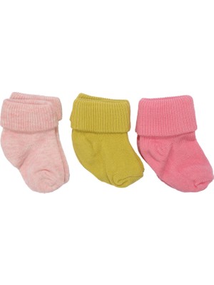 Unisex Sarı Pembe Pudra Kıvrık 3'lü Çorap 0-6 Ay