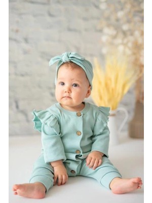 Kız Bebek Mint Organik Pamuk Omuzdan Fırfırlı Tulum ve Bandana Takım (0-24 Ay)