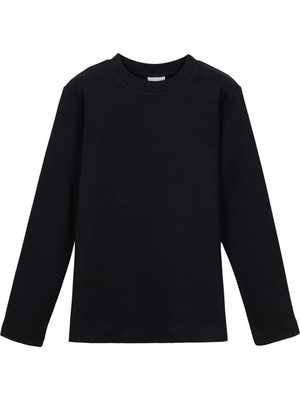 Siyah Basic Kışlık Sıfır Yaka Uzun Kollu Kız Çocuk Tişört