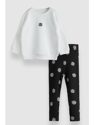Markoll 1-5 Yaş Taytlı Çiçek Nakışlı Sweatshirt Çocuk Takımı