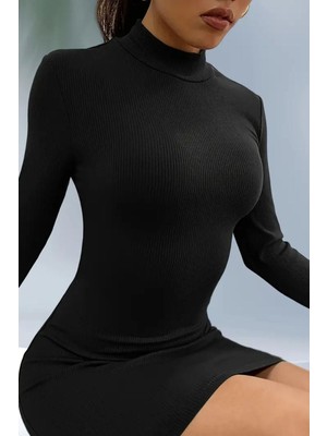 Adisia Kadın Siyah Dik Yaka Bodycon Kaşkorse Mini Elbise