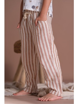 Çizgili Müslin Pantolon Pamuk Erkek Çocuk Normal Kalıp Konforlu Tasarım Kahverengi