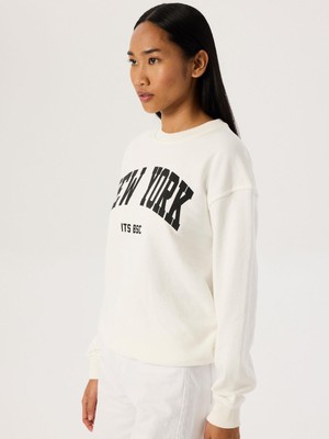 Baskı Detaylı Oversize Sweatshirt - Beyaz