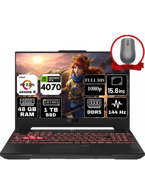 Asus Tuf Gaming A15 Amd Ryzen 9 8945HS 48GB 1tb SSD RTX4070/8GB Freedos 15.6" Fhd 144Hz Taşınabilir Bilgisayar FA507UI-LP054-A18 & Anzar Mouse