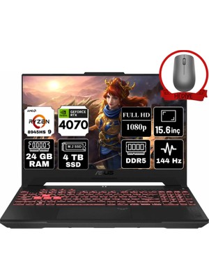 Asus Tuf Gaming A15 Amd Ryzen 9 8945HS 24GB 4tb SSD RTX4070/8GB Freedos 15.6" Fhd 144Hz Taşınabilir Bilgisayar FA507UI-LP054-A8 & Anzar Mouse