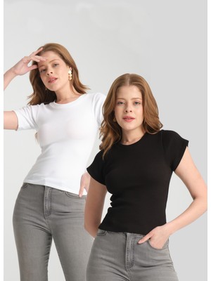 Lisirru Kadın Siyah Beyaz  2 Li Paket Kısa Kollu Crop Boy Yuvarlak Yaka Örme Fitilli Bluz