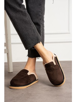 Shoetek Lisya Kadın Terlik Içi Kürklü Kahve  Süet