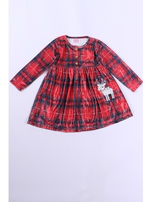 HÇM Kız Çocuk Yılbaşı Kadife Elbise Uzun Kollu Ekose Desenli Geyik Nakışlı C40