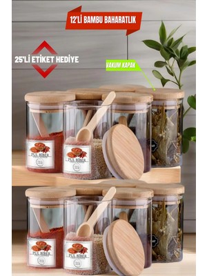 Open Home Concept 12 Adet Cam Vakumlu Bambu Kapaklı Borosilikat Baharatlık, Saklama Kabı, Çerezlik (200 Ml)