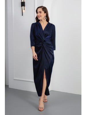 Lafaba Kadın Midi Abiye Elbise Lacivert V Yaka Şık Tasarım ve Yırtmaç Detaylı