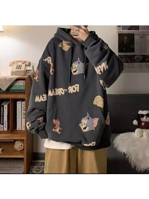 Amor Man Büyük Beden Özel Tasarım Kapüşonlu Kedi Fare Baskılı Oversize Battal Erkek Sweatshırt