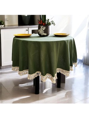 NDC Home Premium Keten Haki Yuvarlak Ham Ponponlu Masa Örtüsü