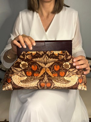 Jophiel Bahram - William Morris Design, Ahşap Burslu Kumaş Portföy Çanta, Clutch, El Çantası