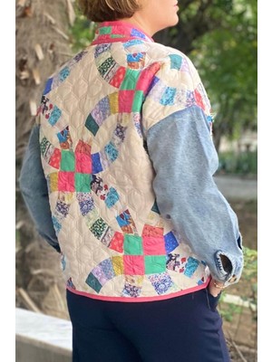 Kadın Krem Patchwork Desenli Ceket