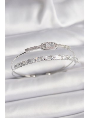 Tua Moda Pirinç Gümüş Renk Kare Zirkon Taşlı Kadın Bileklik