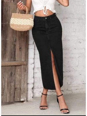 Duygu Dilsiz Kadın Siyah Yırtmaçlı Cepli Maxi Boy Kot Etek