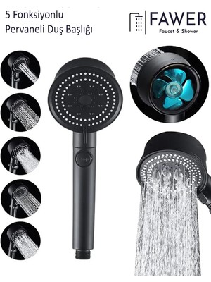 FAWER Faucet & Shower Siyah Turbo 5 Fonksiyonlu Pervaneli Duş Başlığı El Duşu