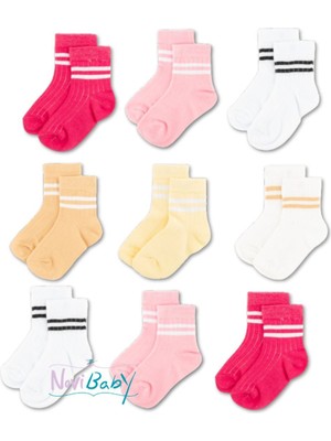 Novibaby 9'lu Pamuklu Çocuk Kolej Soket Çorap Bebek Unisex Kız Kadın Erkek Okul Çorabı, Beyaz Siyah Pembe