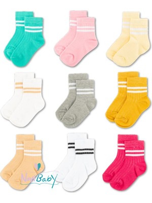 Novibaby 9'lu Pamuklu Çocuk Kolej Soket Çorap Bebek Unisex Kız Kadın Erkek Okul Çorabı, Beyaz Siyah Pembe