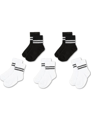 Novibaby 5'li Pamuklu Çocuk Kolej Soket Çorap Bebek Unisex Kız Kadın Erkek Okul Çorabı, Beyaz Siyah Pembe