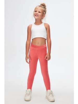 Lovetti Koyu Somon Kız Çocuk Sahte Cepli Fitilli Kadife Tayt