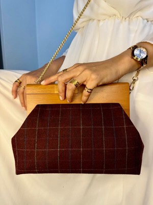 Jophiel Bahram Petite - Zincirli, Ahşap Burslu Kumaş Çanta, Clutch, El Çantası, Kol Çantası, Omuz Çantası