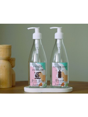 JUNIBELIW 3lü Set Renkli Suya Dayanıklı Etiket Cam Şişe Bulaşık Deterjanlık Çamaşır Suyu 2X330ML+BEYAZ Altlık BOŞ
