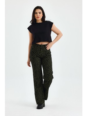 Animal Print Yüksek Bel Flare Paça Leopar Desenli Kadife Pantolon 26 - Yeşil