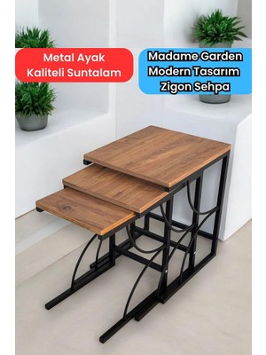 Madame Garden Elegant Metal Ayaklı Ahşap Üçlü Zigon Sehpa Seti