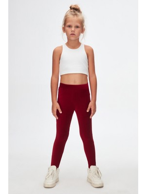 Lovetti Bordo Kız Çocuk Sahte Cepli Fitilli Kadife Tayt