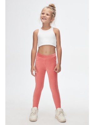 Lovetti Somon Kız Çocuk Sahte Cepli Fitilli Kadife Tayt