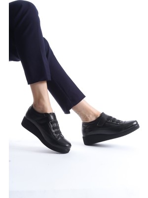 Caap Siyah Hakiki Deri Anatomik Cırt Cırtlı Hafif Rahat Genç Anne Ayakkabısı