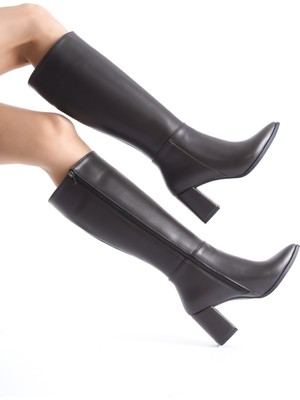 Kalibri Acı Kahve Rengi Kalın Topuk Sivri Burun Kadın Çizme